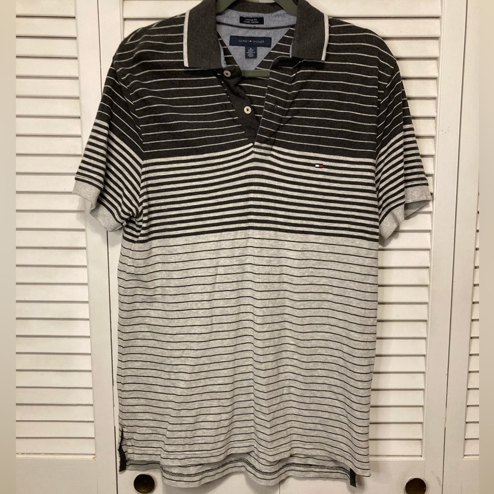 Mens Tommy Hilfiger Dark and Light Grey Striped Polo Shirt Size Medium